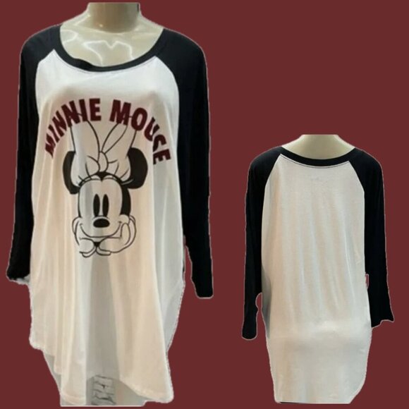 Disney +4 White/Black Minnie Mouse Headshot Graphic 3/4 Raglan Sleeve T-Shirt - Picture 1 of 6